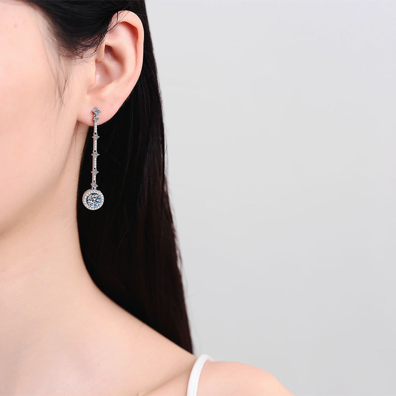 S925 Sterling Silver Long Tassel Drop Earrings - 2CT Moissanite with Cultural Motifs