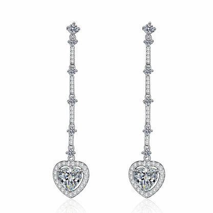S925 Sterling Silver Long Tassel Drop Earrings - Heart-Shaped with 2CT Moissanite & Floral Motifs