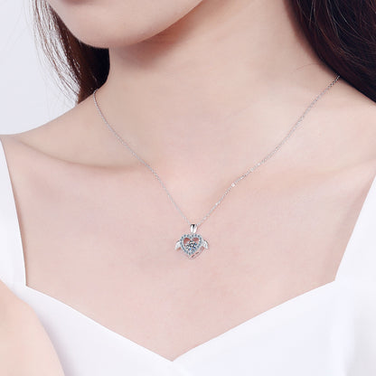 S925 Sterling Silver "Lovebirds" Heart Pendant Necklace - 0.5CT Moissanite PT950-Plated Chain