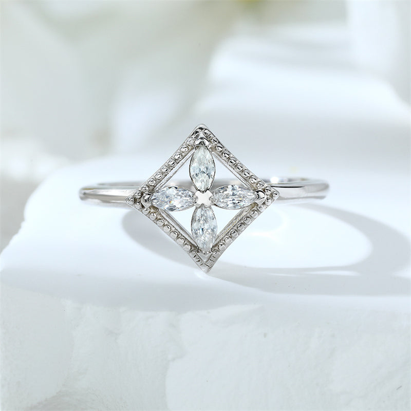S925 Sterling Silver Marquise Clover Ring - Minimalist Geometric Zirconia Jewelry