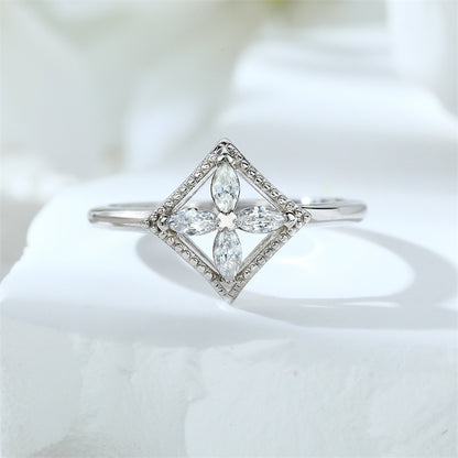 S925 Sterling Silver Marquise Clover Ring - Minimalist Geometric Zirconia Jewelry