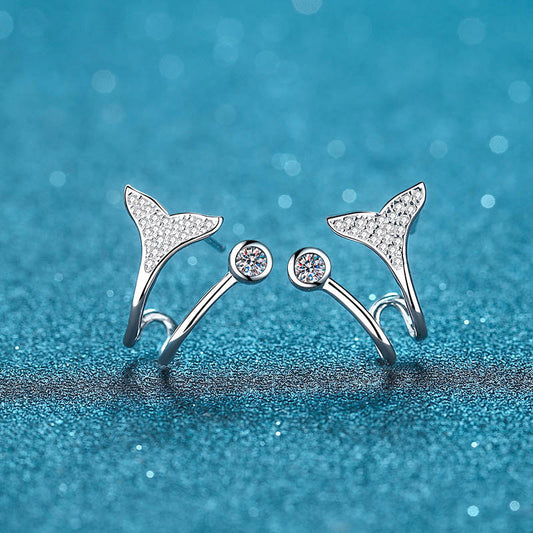 S925 Sterling Silver Mermaid Tail Drop Earrings - PT950 Gold Plated with 0.42CT Moissanite