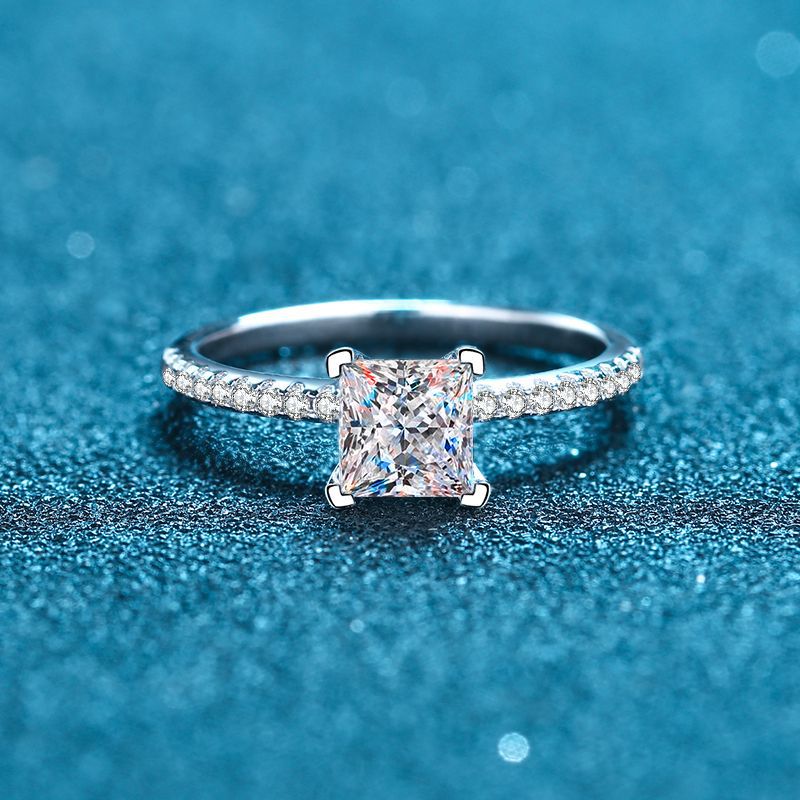 S925 Sterling Silver Micro-Pave Princess Cut Ring | 1-2ct Square Moissanite Four-Prong Setting