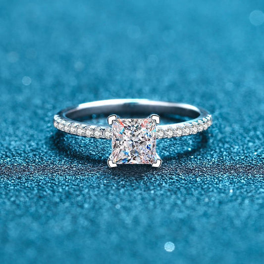 S925 Sterling Silver Micro-Pave Princess Cut Ring | 1-2ct Square Moissanite Four-Prong Setting