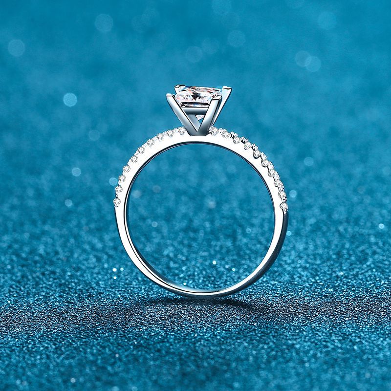 S925 Sterling Silver Micro-Pave Princess Cut Ring | 1-2ct Square Moissanite Four-Prong Setting