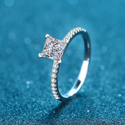 S925 Sterling Silver Micro-Pave Princess Cut Ring | 1-2ct Square Moissanite Four-Prong Setting