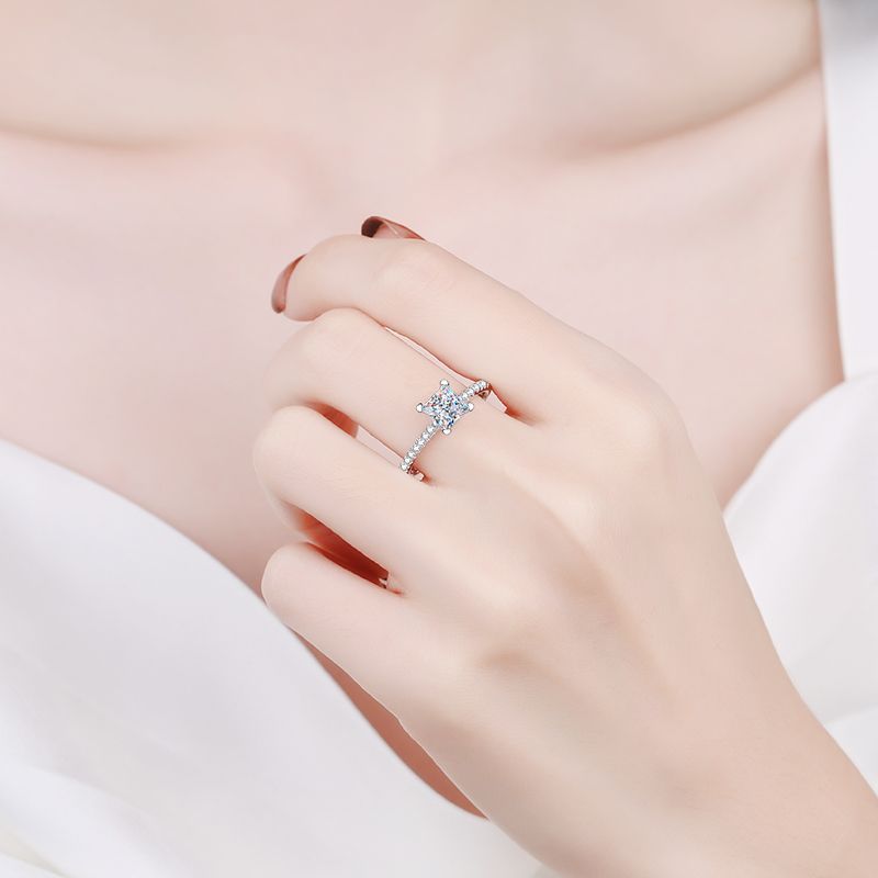 S925 Sterling Silver Micro-Pave Princess Cut Ring | 1-2ct Square Moissanite Four-Prong Setting