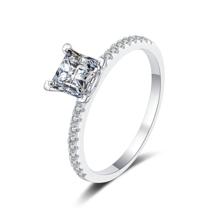 S925 Sterling Silver Micro-Pave Princess Cut Ring | 1-2ct Square Moissanite Four-Prong Setting