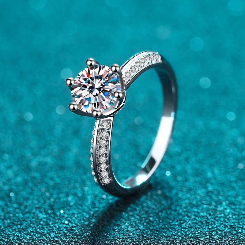 S925 Sterling Silver Micro-Pavé Six-Prong Moissanite Crown Ring with Lucky Motifs