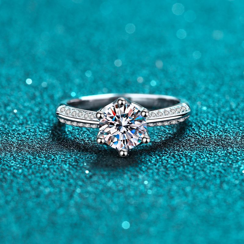 S925 Sterling Silver Micro-Pavé Six-Prong Moissanite Crown Ring with Lucky Motifs