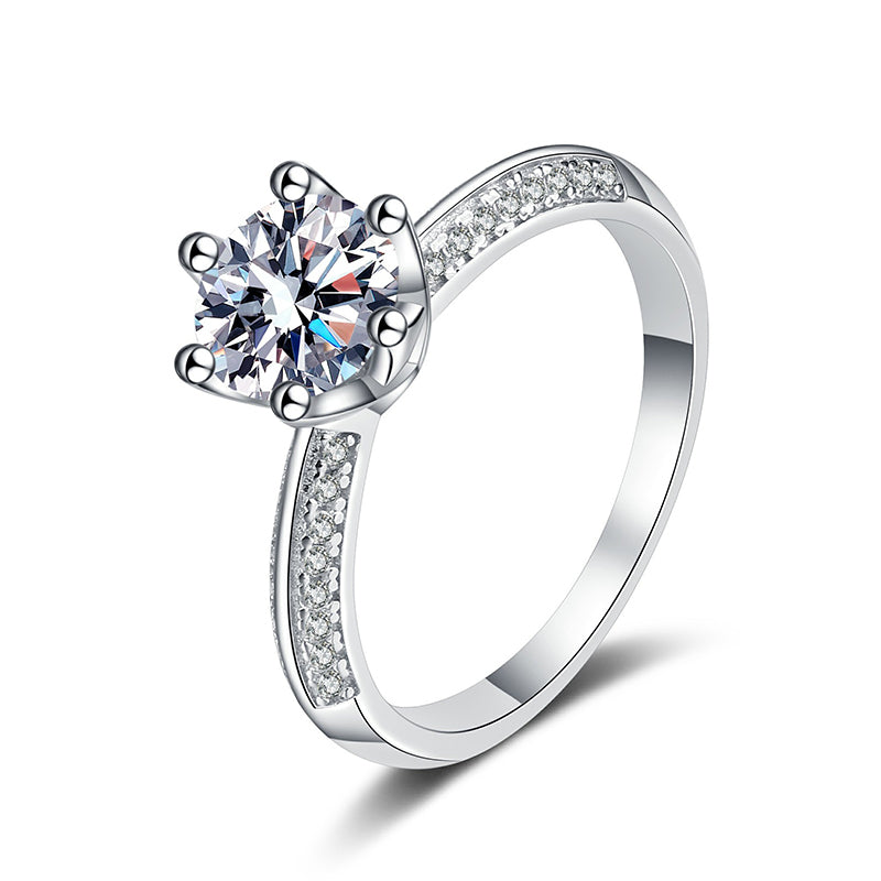 S925 Sterling Silver Micro-Pavé Six-Prong Moissanite Crown Ring with Lucky Motifs