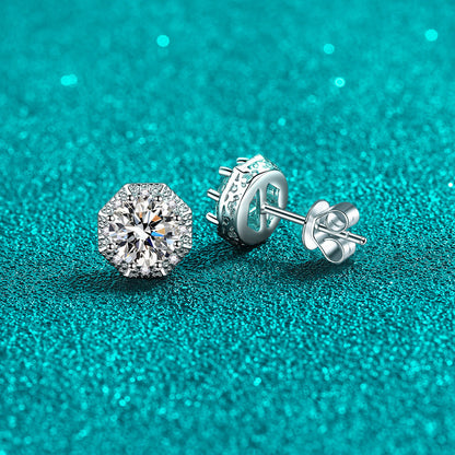 S925 Sterling Silver Octagonal Moissanite Stud Earrings - 2CT Modern Geometric Jewelry