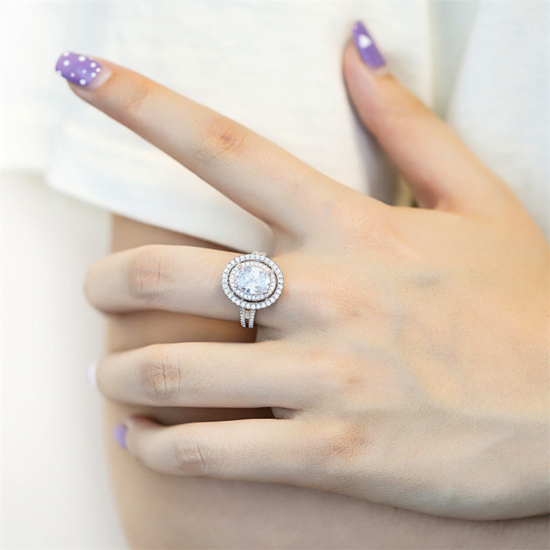 S925 Sterling Silver Oval-Cut Zirconia Wedding Ring - Elegant Pavé Band