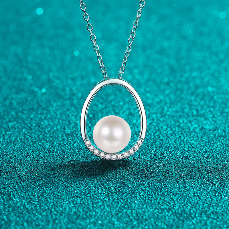 S925 Sterling Silver Oval Pendant Necklace - 0.096CT Moissanite & Pearl Elegant Chain