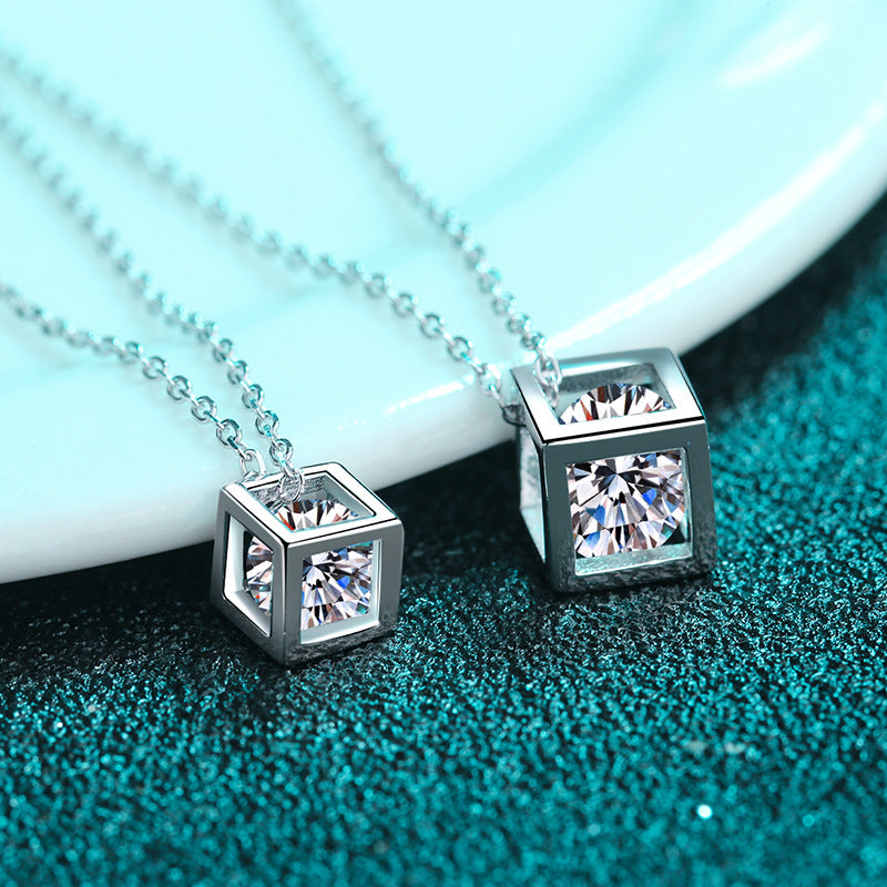 S925 Sterling Silver PT950-Plated Square Pendant Necklace - 0.5CT/1CT Moissanite Geometric Choker