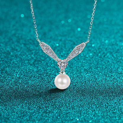 925 Sterling Silver PT950-Plated Phoenix Necklace - 77-Point Moissanite & 8mm Pearl Elegant Statement Choker