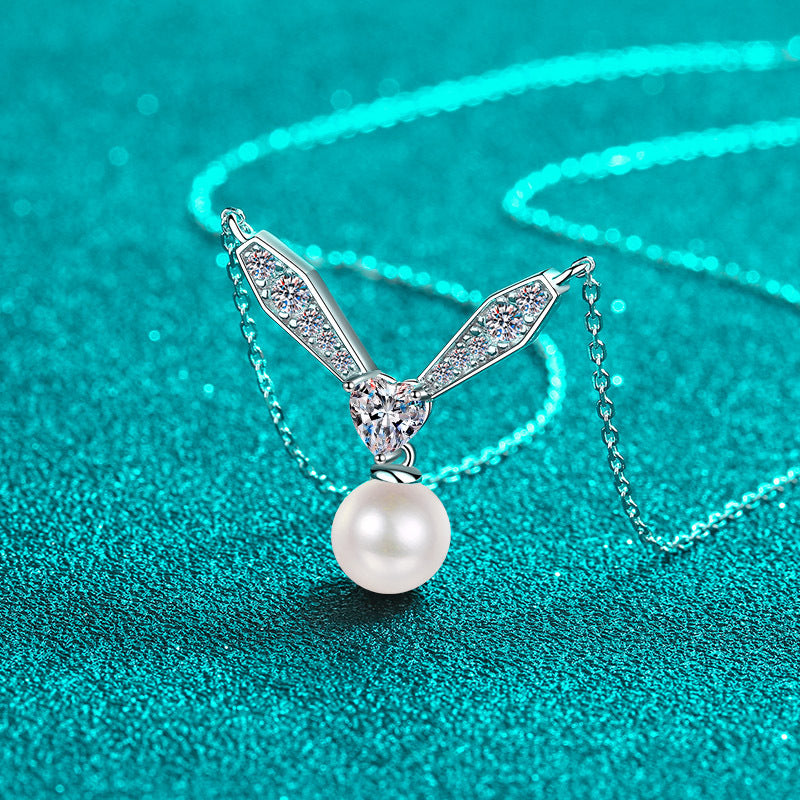 925 Sterling Silver PT950-Plated Phoenix Necklace - 77-Point Moissanite & 8mm Pearl Elegant Statement Choker