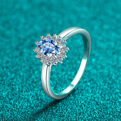 S925 Sterling Silver PT950 Gold Plated 0.50ct Blue Moissanite "Pigeon Egg" Ring with Avocado Motif