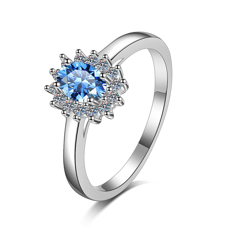S925 Sterling Silver PT950 Gold Plated 0.50ct Blue Moissanite "Pigeon Egg" Ring with Avocado Motif