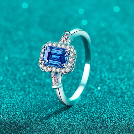 S925 Sterling Silver PT950 Gold Plated Blue Moissanite Ring with Celestial Motifs