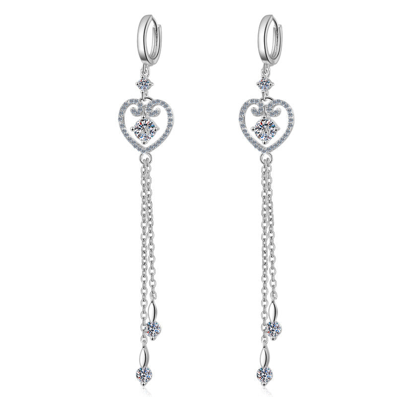 S925 Sterling Silver PT950 Gold Plated Heart Tassel Drop Earrings - 1CT Moissanite with Cherry & Persimmon Motifs