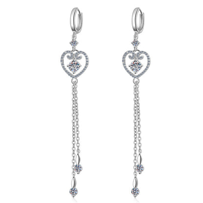 S925 Sterling Silver PT950 Gold Plated Heart Tassel Drop Earrings - 1CT Moissanite with Cherry & Persimmon Motifs