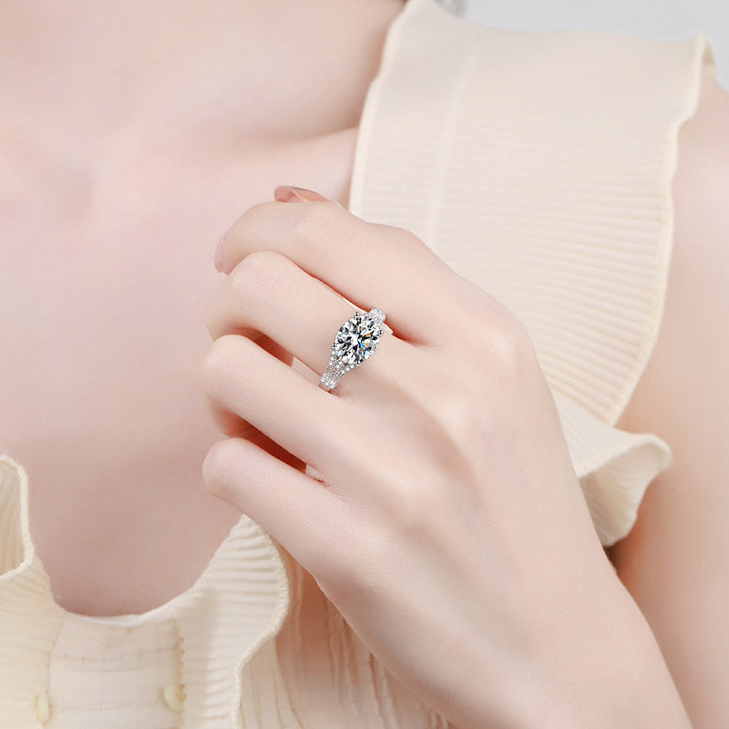 S925 Sterling Silver PT950 Plated 3CT Oval Moissanite Ring with Citrus Motif - Vintage Exotic Style Solitaire Ring