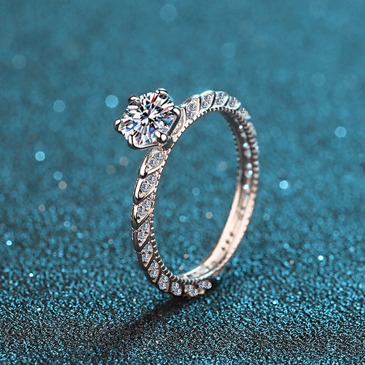 S925 Sterling Silver PT950 Plated 6-Prong Half Eternity Crown Ring with 1ct Moissanite - Tree Motif OL Fashion Ring