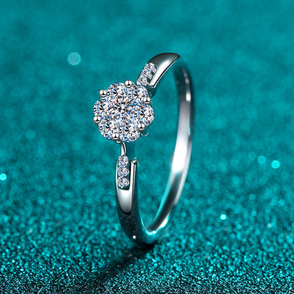 S925 Sterling Silver PT950 Plated 6-Stone Cluster Ring with 0.24ct Moissanite - Camellia Floral Viral Style Ring