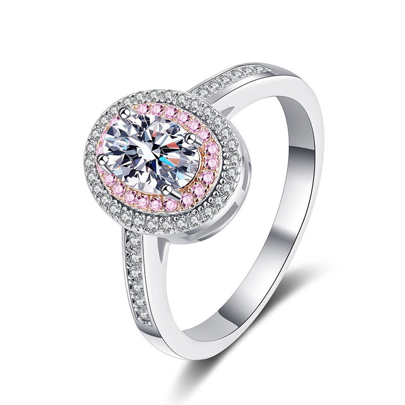 S925 Sterling Silver PT950 Plated Rose Gold 1CT Oval Moissanite Solitaire Ring with Floral Motif