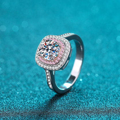 S925 Sterling Silver PT950 Platinum Plated Square-Cut 1ct Moissanite Ring with Fruit Motifs