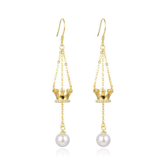 S925 Sterling Silver Pearl Crown Drop Earrings - Korean Style Geometric Dangle Earrings for Women