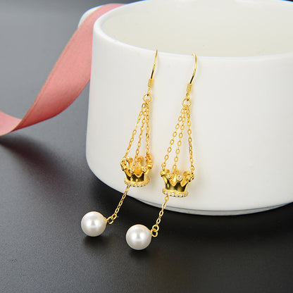 S925 Sterling Silver Pearl Crown Drop Earrings - Korean Style Geometric Dangle Earrings for Women
