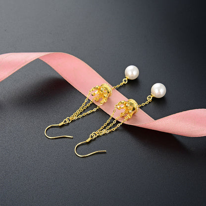 S925 Sterling Silver Pearl Crown Drop Earrings - Korean Style Geometric Dangle Earrings for Women
