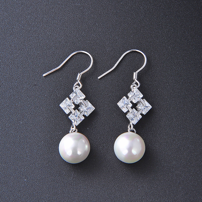 S925 Sterling Silver Pearl Drop Earrings - Korean Style Geometric Circle Dangle Earrings for Women