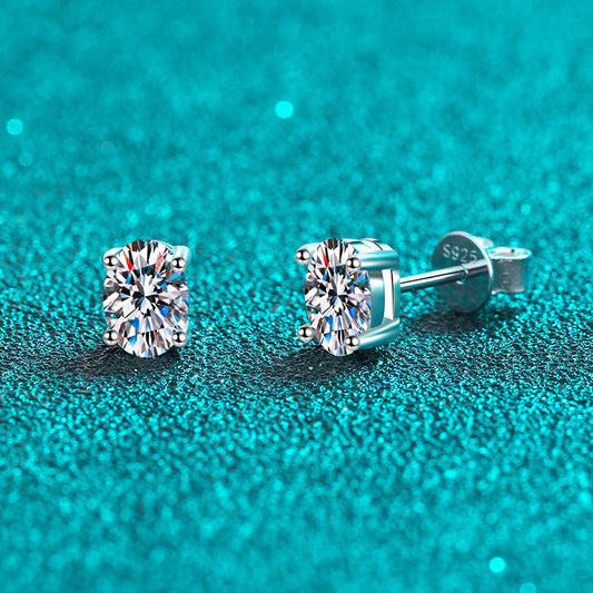 S925 Sterling Silver "Pigeon Egg" Moissanite Stud Earrings Plated with Pt950 Gold - Petite Oval Elegance