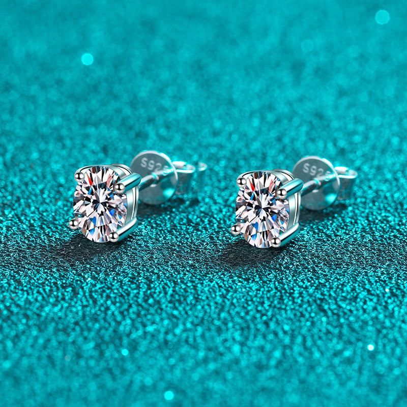S925 Sterling Silver "Pigeon Egg" Moissanite Stud Earrings Plated with Pt950 Gold - Petite Oval Elegance