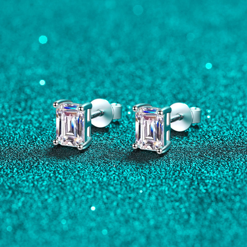 S925 Sterling Silver Plated Pt950 Gold Bezel-Set Step Cut Moissanite Stud Earrings - Elegant Geometric Earrings for Women