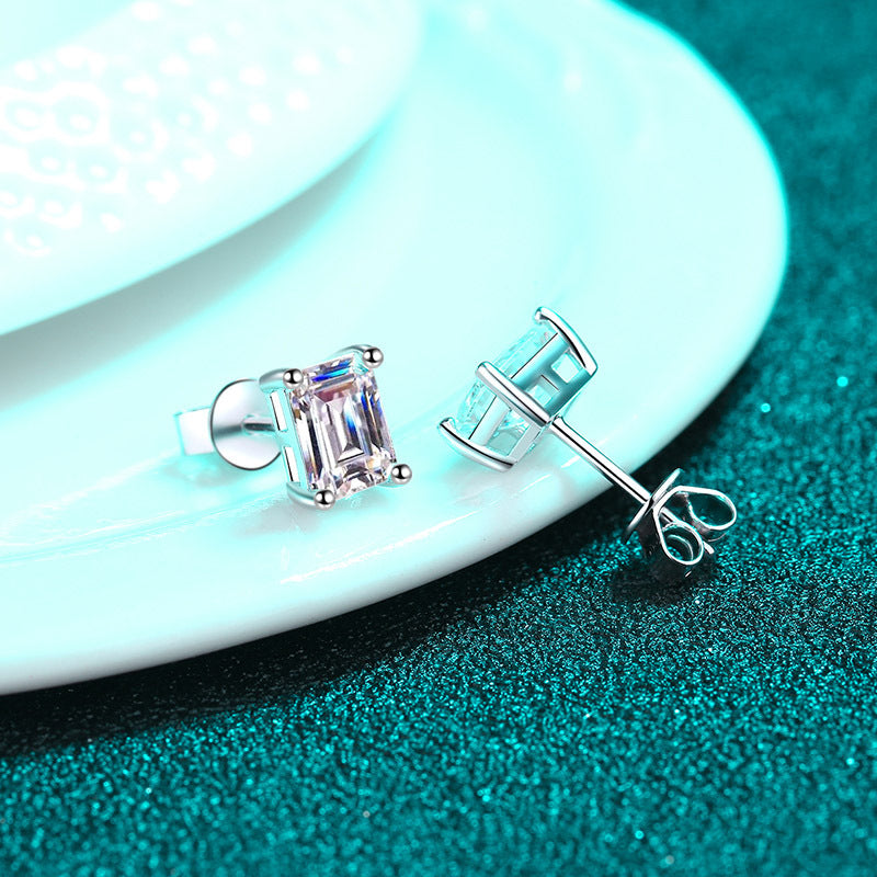 S925 Sterling Silver Plated Pt950 Gold Bezel-Set Step Cut Moissanite Stud Earrings - Elegant Geometric Earrings for Women