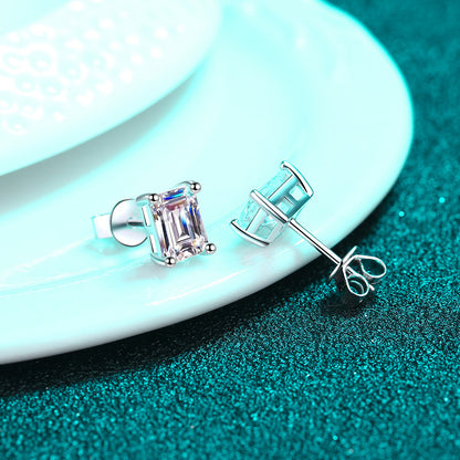 S925 Sterling Silver Plated Pt950 Gold Bezel-Set Step Cut Moissanite Stud Earrings - Elegant Geometric Earrings for Women