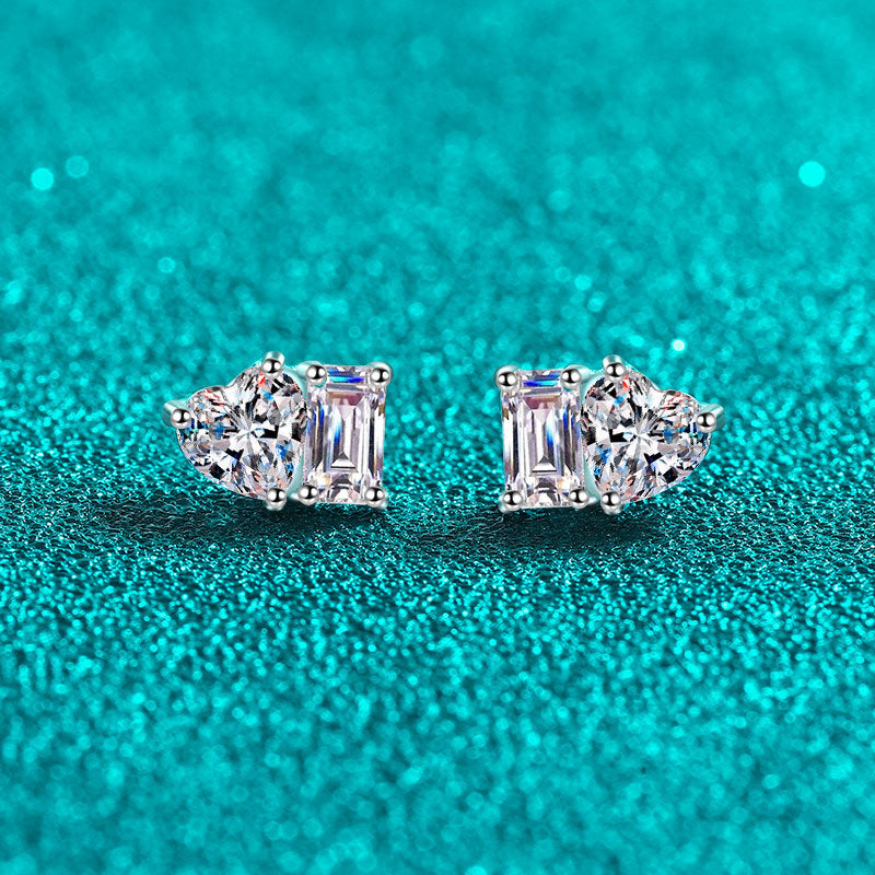 S925 Sterling Silver Princess-Style Moissanite Stud Earrings Plated with Pt950 Gold - Square & Heart Cut Geometric Earrings