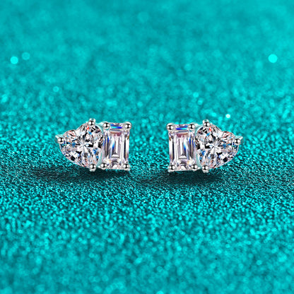 S925 Sterling Silver Princess-Style Moissanite Stud Earrings Plated with Pt950 Gold - Square & Heart Cut Geometric Earrings