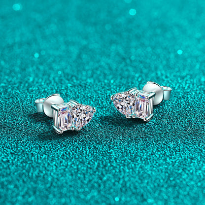 S925 Sterling Silver Princess-Style Moissanite Stud Earrings Plated with Pt950 Gold - Square & Heart Cut Geometric Earrings