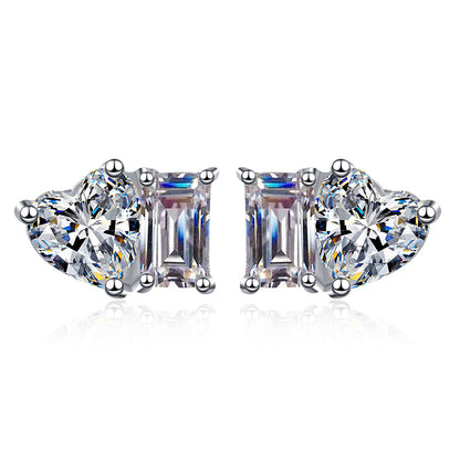 S925 Sterling Silver Princess-Style Moissanite Stud Earrings Plated with Pt950 Gold - Square & Heart Cut Geometric Earrings