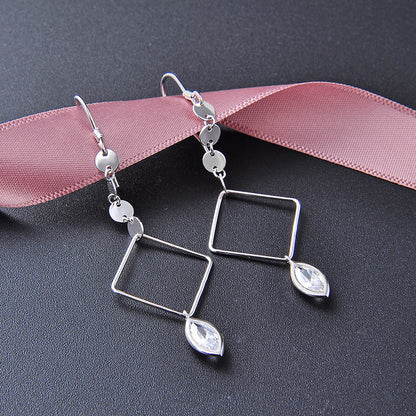 S925 Sterling Silver Quadrilateral Drop Earrings - Korean Style Cubic Zirconia Geometric Dangle Earrings for Women