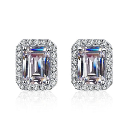 S925 Sterling Silver Radiant & Emerald Cut Moissanite Earrings - Geometric Rectangular Studs with Gourd Motif