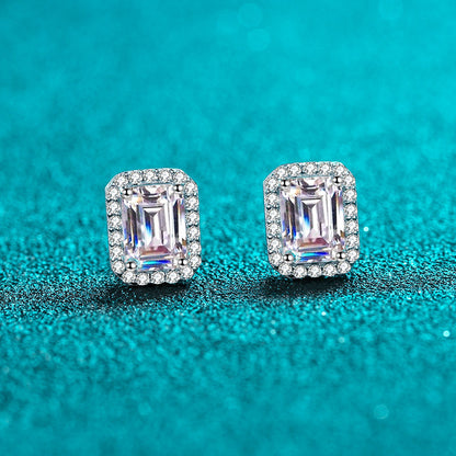 S925 Sterling Silver Radiant & Emerald Cut Moissanite Earrings - Geometric Rectangular Studs with Gourd Motif