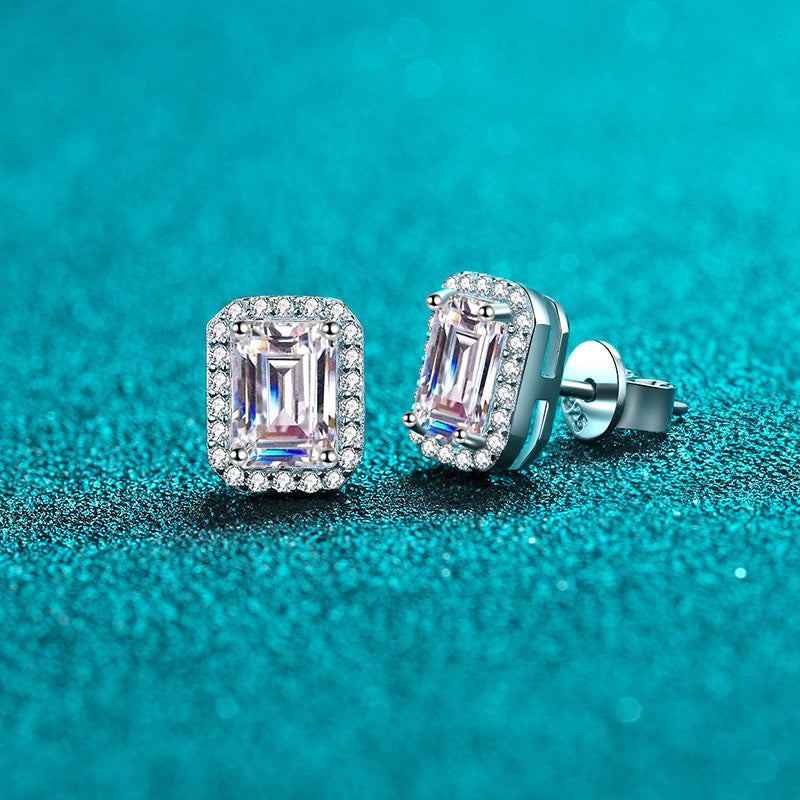 S925 Sterling Silver Radiant & Emerald Cut Moissanite Earrings - Geometric Rectangular Studs with Gourd Motif