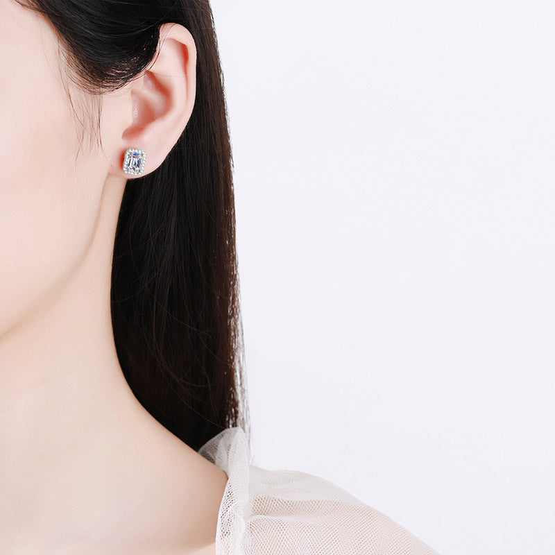 S925 Sterling Silver Radiant & Emerald Cut Moissanite Earrings - Geometric Rectangular Studs with Gourd Motif