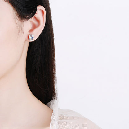 S925 Sterling Silver Radiant & Emerald Cut Moissanite Earrings - Geometric Rectangular Studs with Gourd Motif